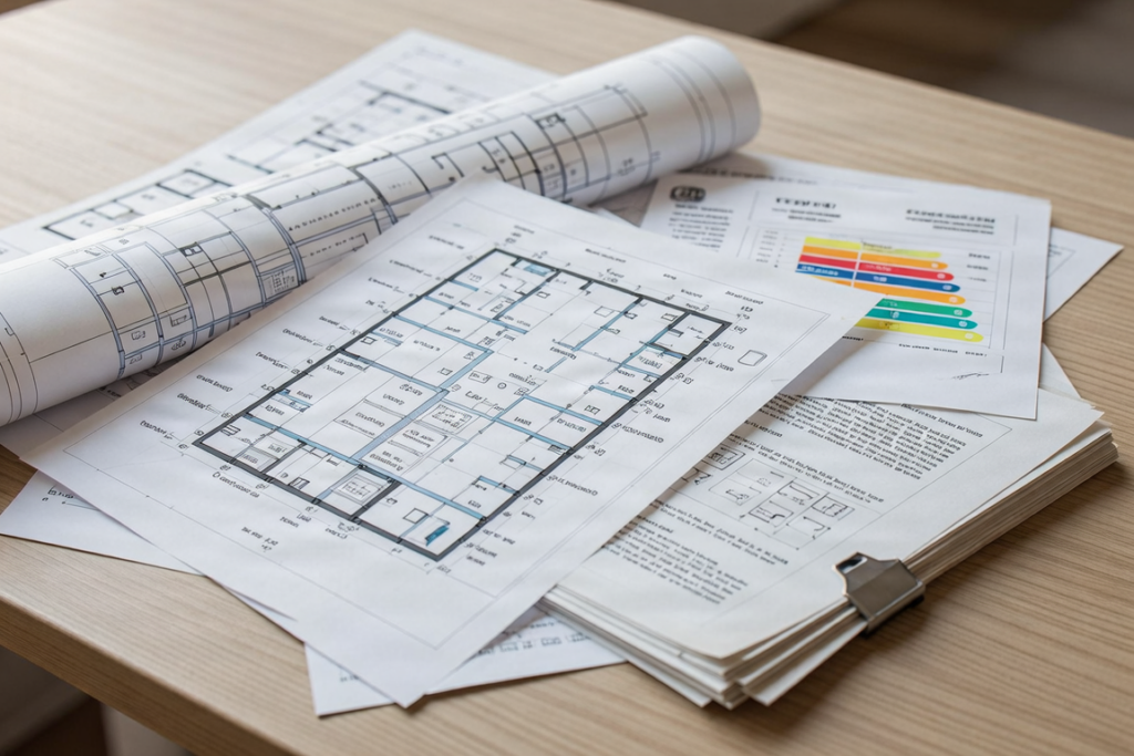 Technical building documentation, floor plans, and energy performance details.